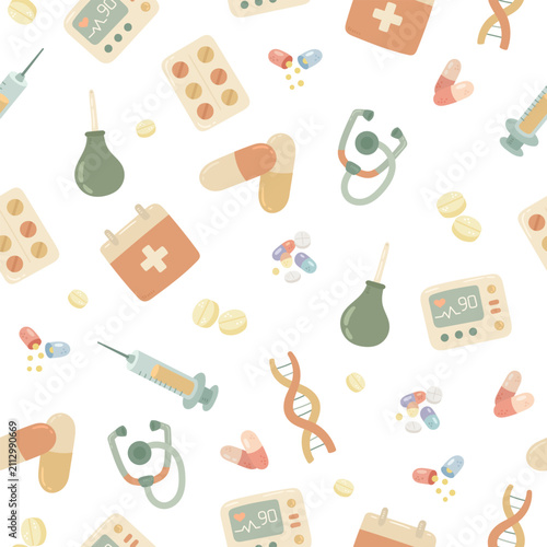 Medicine health care seamless pattern set featuring capsule tablet blister stethoscope syringe monitor enema bulb dna cardiogram heart x ray