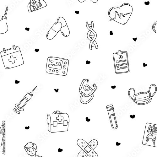 Medicine health care seamless pattern set featuring stethoscope mask syringe doctor capsule dna bandage heart cardiogram x ray test tube