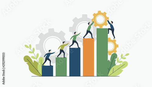 Corporate business team working together to climb up bar charts with gears representing collaborative work process.