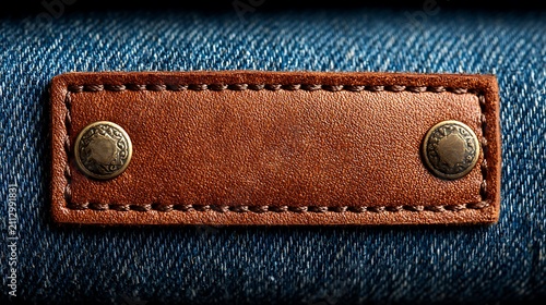 Brown leather label with metal rivets on blue denim fabric background, close-up detail