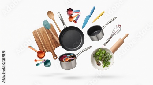 Cuadro en lienzo Floating Kitchen Utensils and Cookware Collection, Culinary Tools and Gadgets, C