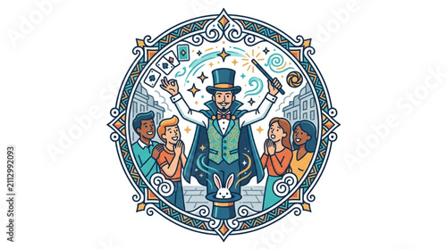 Fotografie Colorful illustration of a magician performing with a crowd.