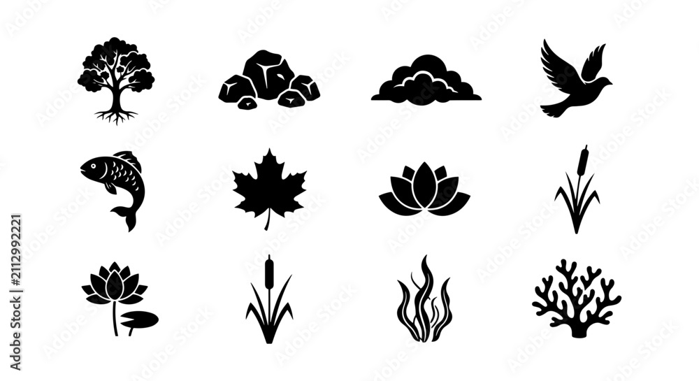 Fototapeta premium Nature Icons Set: Tree, Rocks, Clouds, Bird, Fish, Leaf, Lotus, Reed, Coral Vector Graphics