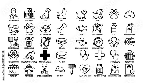 Veterinary and pet care line icon set editable vector