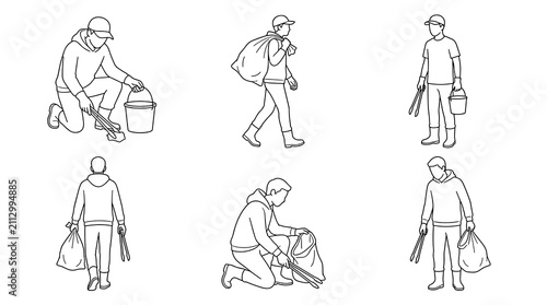 Set of black and white vector line drawings showing people in various poses for architectural visualization, urban planning and structural design