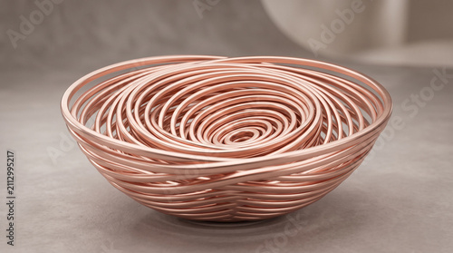 Rose gold wire concentric ring bowl on gray surface.