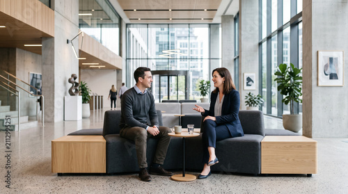Professionals talking on a sofa in an office lobby.