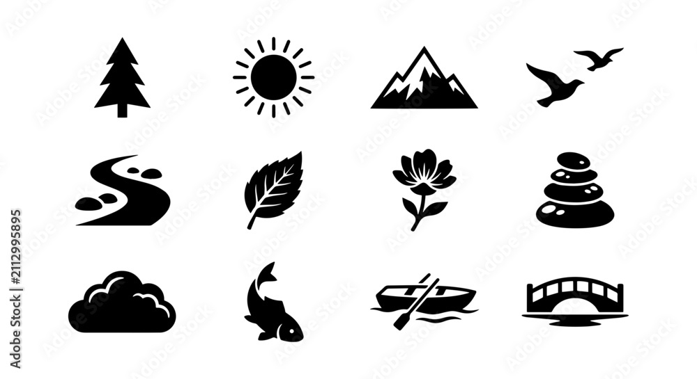 Fototapeta premium Nature Icons Set: Forest Tree, Sun, Mountains, Birds, River, Leaf, Flower, Stones, Cloud, Fish, Boat, Bridge