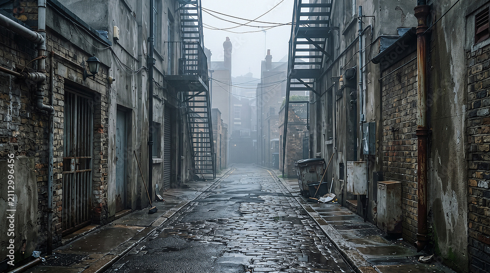Fototapeta premium Atmospheric empty urban backstreet with wet cobblestone pavement, old buildings, and soft morning fog creating a mysterious cinematic city scene.