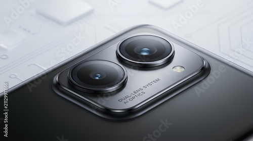 Macro view of dual smartphone camera system and lenses.