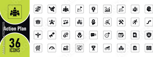 Action plan icons set featuring business strategy planning target teamwork analytics growth success and productivity symbols