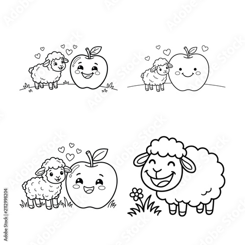 Sheep and apple cartoon illustrations with smiling faces on a white background