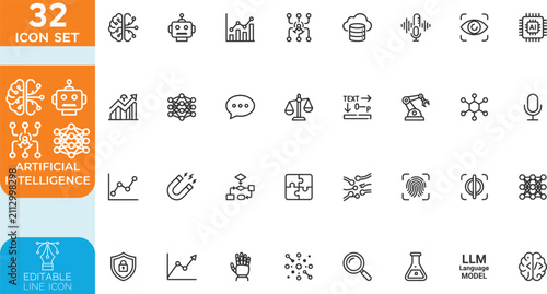 Artificial intelligence line editable Vector illustration icon set. Contain icons related to artificial intelligence, AI, and more. on transparent background.