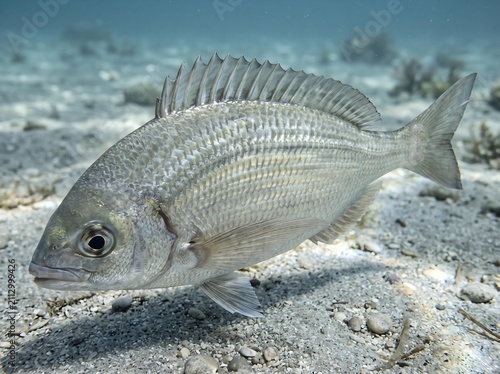 Silver Seabream Fish Swimming Over Sandy Ocean Floor Clear Water