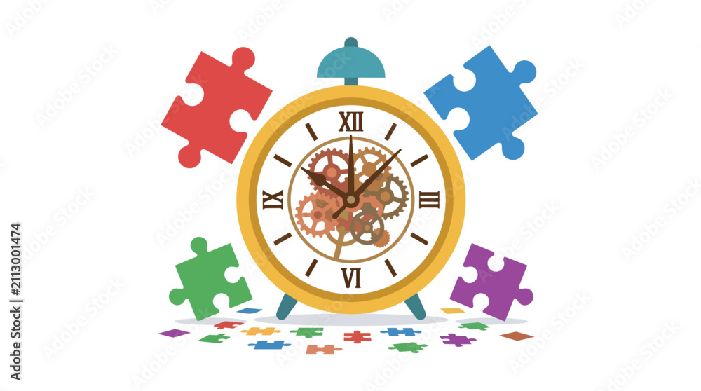 Naklejka premium Strategic time management and problem solving with mechanical alarm clock and jigsaw puzzle pieces flat vector illustration for corporate efficiency training