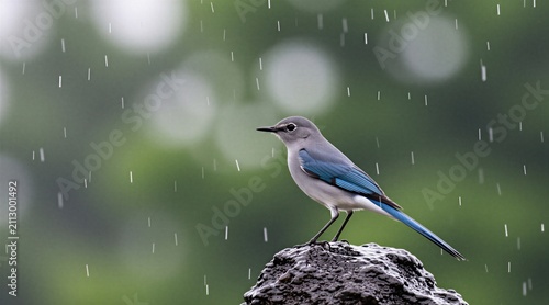 Small grey blue bird sits on dark wet stone during heavy rainfall. Avian animal rests on rock in garden park. Wildlife scene shows feathered creature outdoors under light rain. Nature background with