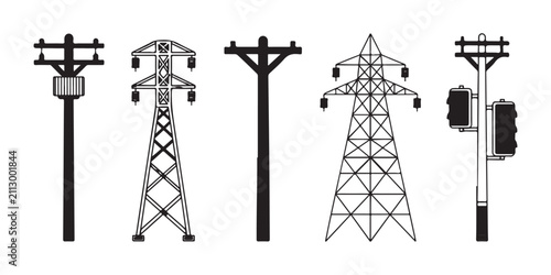 Set of electricity transmission towers and utility poles for power distribution infrastructure display.