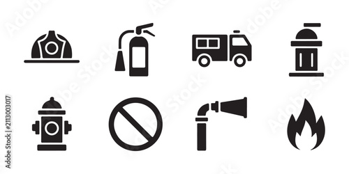 Canvastavla Set of firefighter equipment icons including fire truck extinguishers hydrant helmet and flame logo