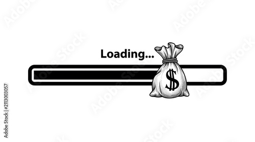 Digital progress bar illustration featuring a money bag with dollar sign symbol with white loading progress