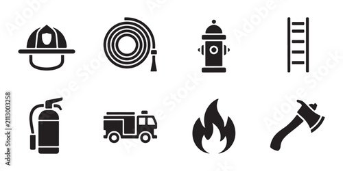 Quadro su tela Firefighter equipment set for emergency rescue services and fire safety prevention black silhouette