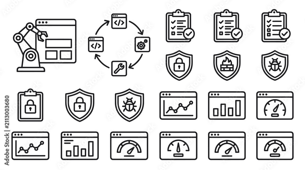 Fototapeta premium Software development and cybersecurity line icons for tech safety.