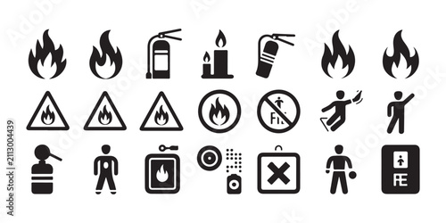 Cuadro en lienzo Professional set of fire safety and emergency evacuation pictograms on transparent grid background