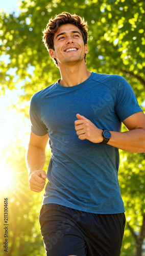 A happy young man enjoys his morning jogging routine in a sunny park during summer, radiating health and energy while running through lush green trees at sunrise for a fitness workout.