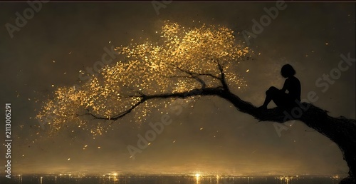 Silhouette of a lonely person sitting on the branch of a glowing golden tree.
Surreal digital art depicting a peaceful figure