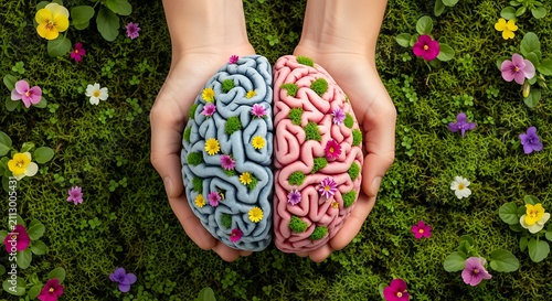 Mental Health Brain Blooming with Vibrant Flowers on Green Mossy Ground