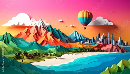 Colorful hot air balloons floating over scenic mountains at sunrise.