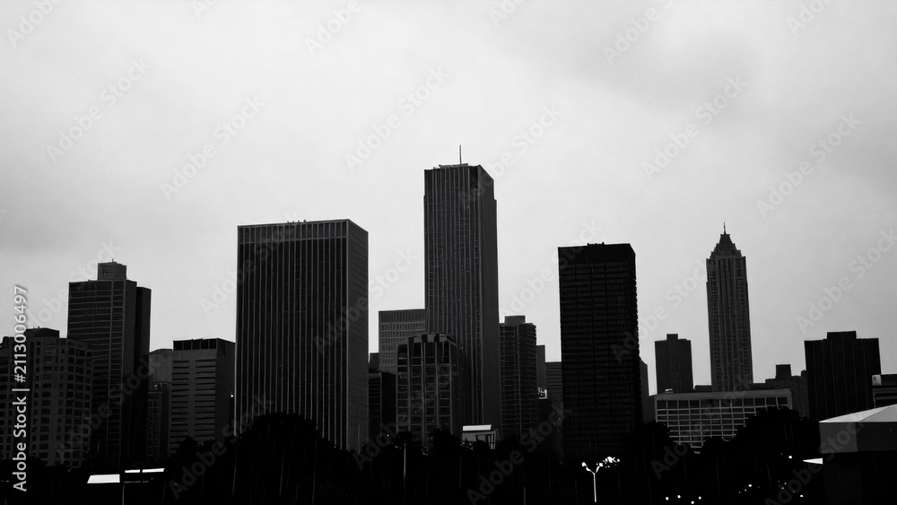 Fototapeta premium Minimalist Geometric City Skyline Silhouette in Heavy Rainstorm