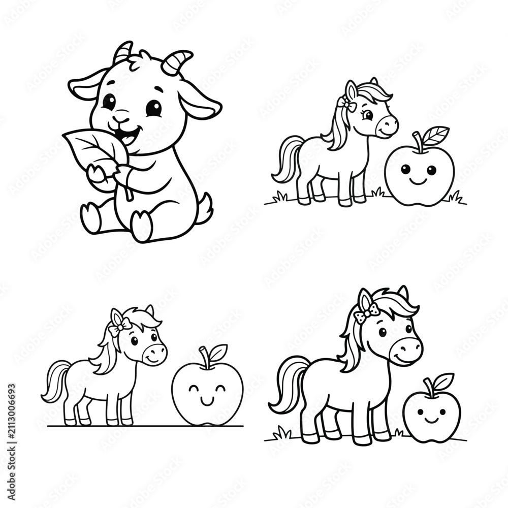 Obraz premium Line art illustrations of a goat eating leaves and unicorns with apples