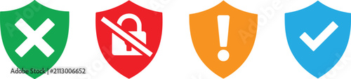 Shield security status icons. Approved protection symbols. Simple vector pictogram set for safety UI.