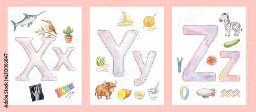 Watercolor English Alphabet Flashcards for Letters X, Y, and Z with Cute Animal and Object Illustrations