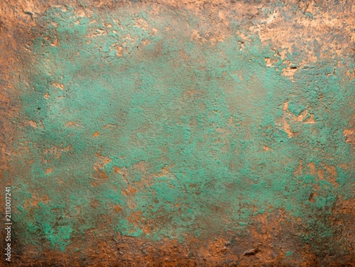 textured, weathered surface featuring green patina and brown rust on metal, creating an aged, corroded look.