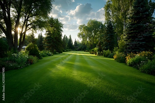 Lush green lawn with sunbeams and shadows in a serene garden landscape grass