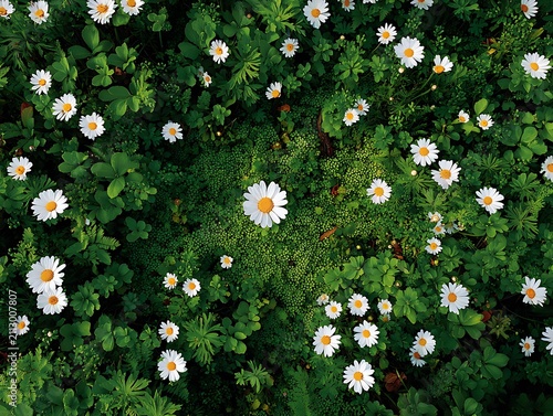 Overhead view of white daisy flowers scattered amongst green foliage daisies white daisies
