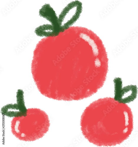 Cute hand-drawn crayon illustration of red cherries or apples isolated on white background