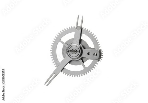 Detailed silver metal watch gear isolated on white background