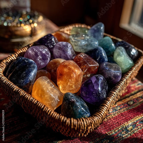 Colorful Semi Precious Gemstones in Wooden Box Isolated on White Background with Crystal Mineral Collection for Easter Decoration and Spring Celebration