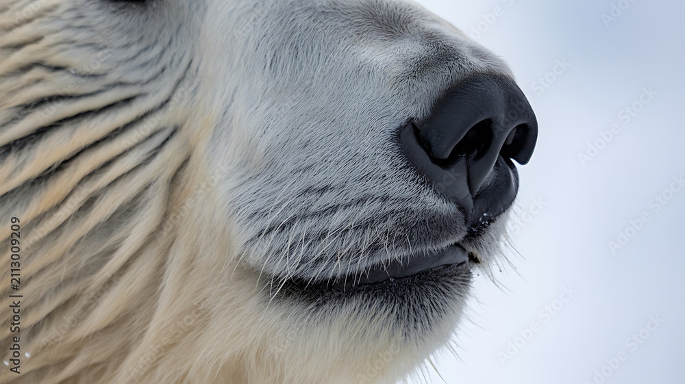 Fototapeta premium Extreme macro close-up of a polar bear's wet nose and whiskers in the arctic snow. 