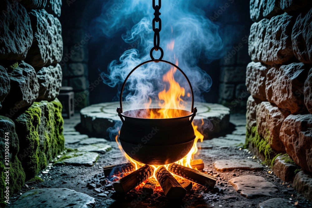 Obraz premium Iron pot hangs over bright orange fire inside dark stone room. Thick smoke rises from hot cauldron during cooking process. Antique fireplace flame warms old cellar atmosphere. Rustic metal vessel