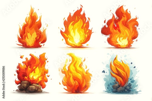 Collection of six stylized watercolor flames in various forms and intensities fire