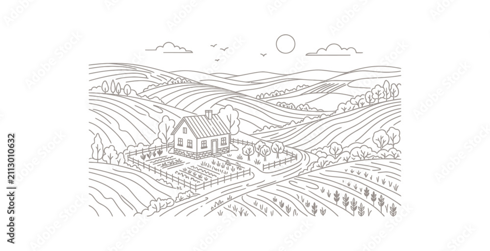 Fototapeta premium Monoline Rural Farmhouse Landscape Vector