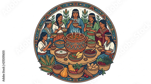 Colorful illustration of people sharing a traditional feast together.