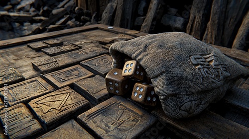 Ancient Game Set with Carved Wooden Tiles and Dice