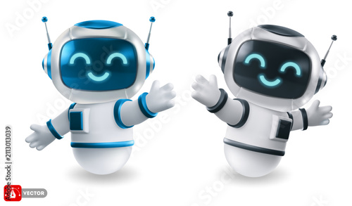 Foto Set of cute AI chatbot robot character with smiling face, glowing eyes and friendly gesture