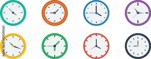 Colorful Analog Wall Clock Collection Vector Round Timepiece Icons Time Management User Interface Design