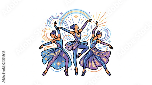 фотографія Colorful illustration of three dancing ballerinas in motion.