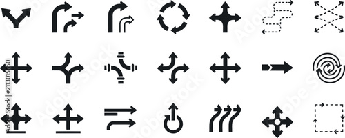 Fotografía Set of black and white road junction and traffic navigation arrow icons for map